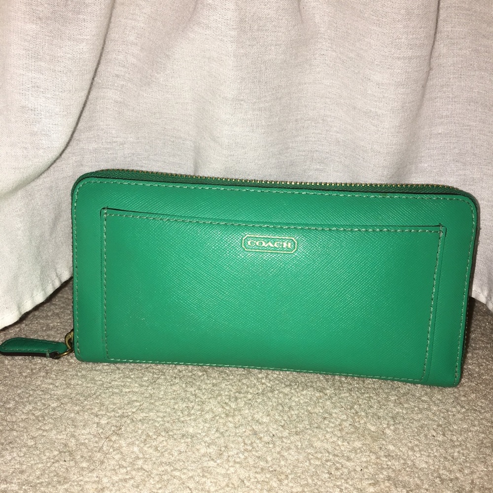 Green/Teal Coach leather zip wallet